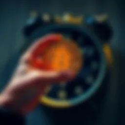 A person holding a Bitcoin symbol with a clock in the background, representing the concept of locking Bitcoin until 2036.