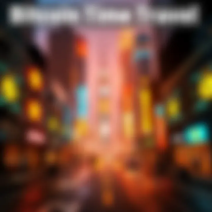 A futuristic city with digital screens displaying Bitcoin symbols and time travel elements, showing the impact of time on cryptocurrency.