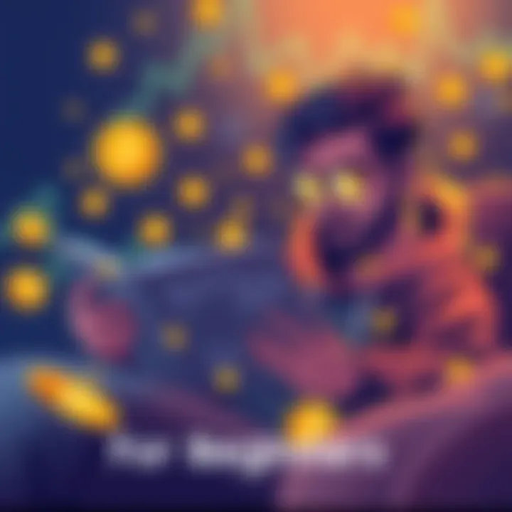 An illustration showing a person reading a guide on Bitcoin with cryptocurrency symbols around them.