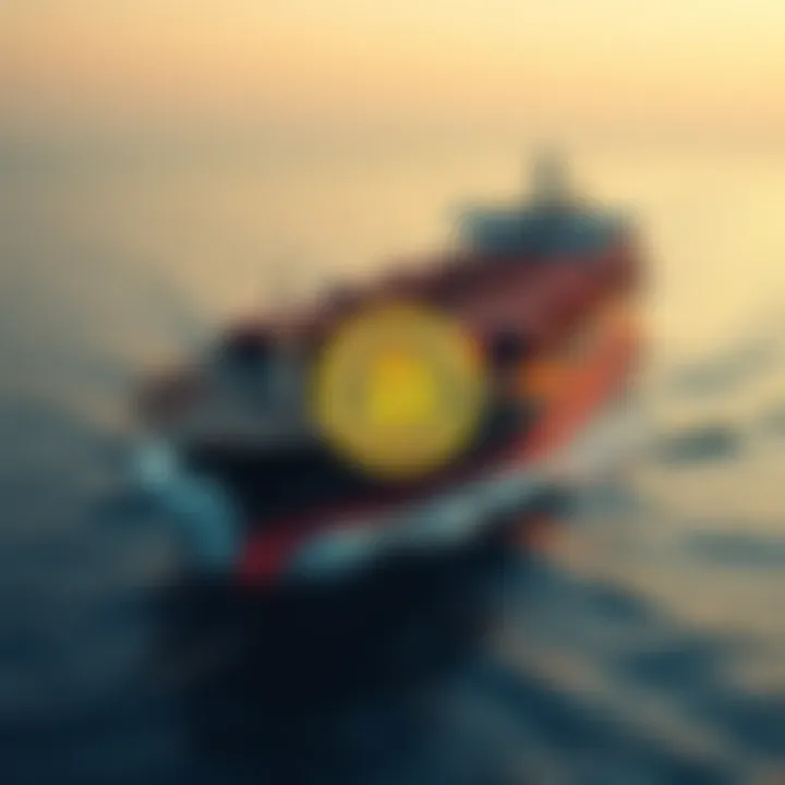 A fully laden tanker on the Strait of Hormuz with a Bitcoin symbol, representing new toll payments in cryptocurrency.