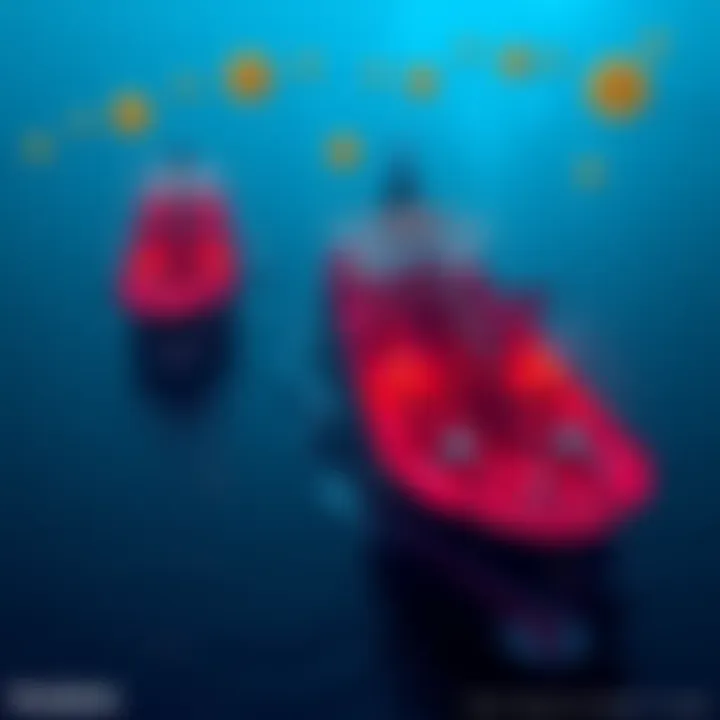 Graphical representation of oil tankers in the Strait of Hormuz with Bitcoin symbols, indicating potential tolls on oil transit.