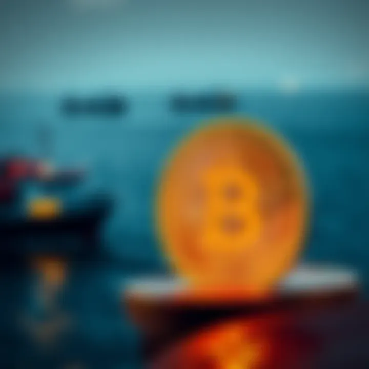 A digital representation of Bitcoin being used for toll payments in maritime traffic at the Straits of Hormuz, with ships in the background.