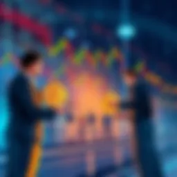 An illustration showing people exchanging Bitcoin on a digital platform, with fluctuating price charts in the background.