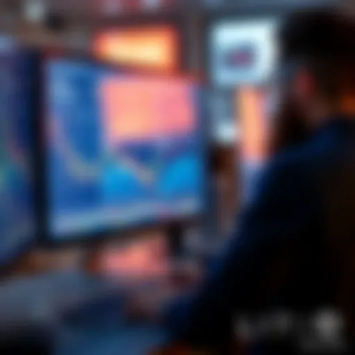 A beginner Bitcoin trader intensely observing multiple charts on a computer screen, focused on learning and improving their trading skills.