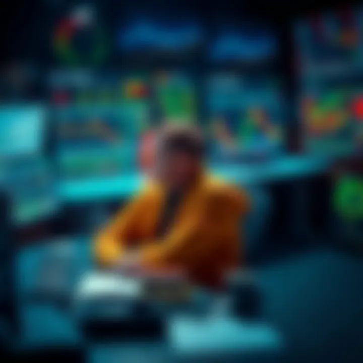 A long-time Bitcoin holder reflects on trading strategies while seated at a desk filled with charts and digital devices, depicting their journey since 2015.