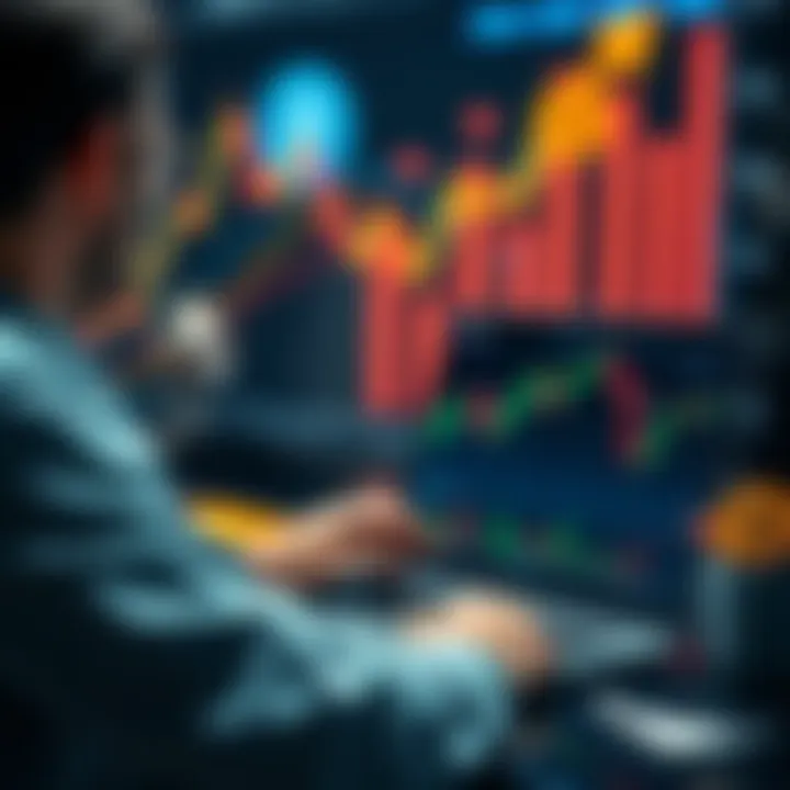 A person observing Bitcoin price charts on a laptop with fluctuating graphs and rising coins in the background.