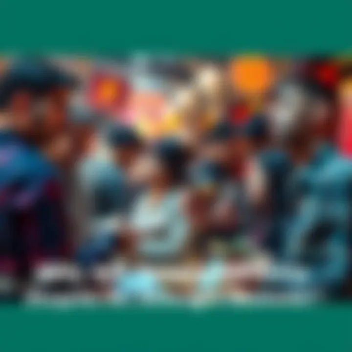 People exchanging Bitcoin for cash at a market, showing a busy atmosphere with some looking satisfied and others appearing anxious about their choices.