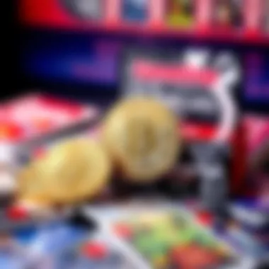 A shiny Bitcoin token placed beside an opened Cardsmiths trading card pack from GameStop, with trading cards scattered around.