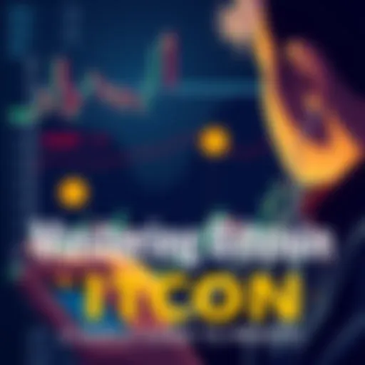 An illustration showing a person looking at a graph with Bitcoin symbols, indicating buying at low prices and selling at high prices.