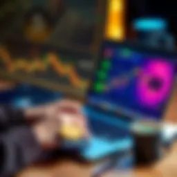 A person analyzing Bitcoin price charts on a laptop with a calculator and coffee cup nearby, representing small trades for profit.