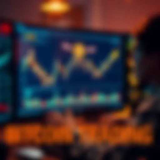 A graphic showing a person analyzing Bitcoin market trends on a computer screen, with arrows indicating buying and selling actions, symbolizing Bitcoin trading.