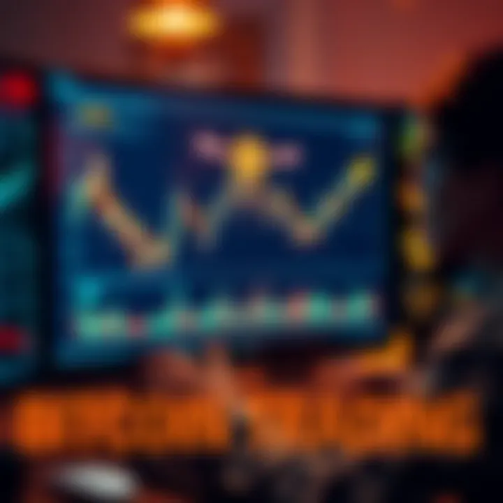 A graphic showing a person analyzing Bitcoin market trends on a computer screen, with arrows indicating buying and selling actions, symbolizing Bitcoin trading.