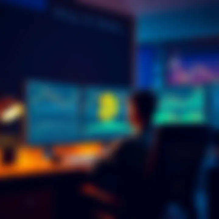 Person thinking about Bitcoin trading A person sitting at a desk looking at financial graphs on a computer screen, contemplating Bitcoin trading versus holding.