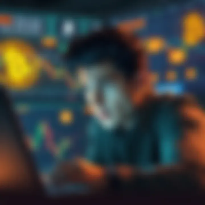 A person looking at Bitcoin charts on a laptop, showing expressions of concern and determination, with cryptocurrency symbols in the background.