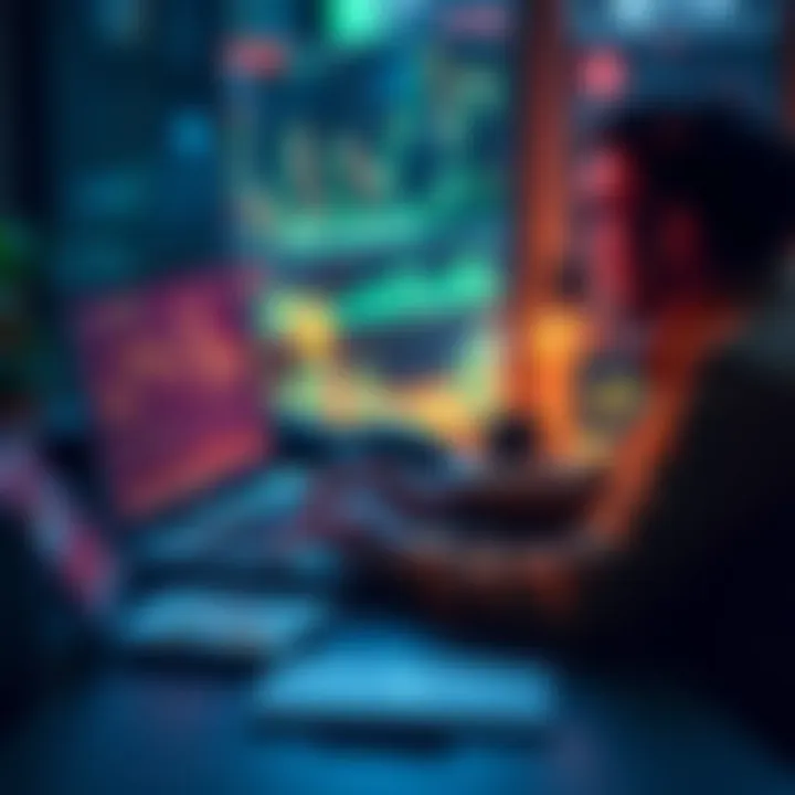 A person sitting at a desk, trading Bitcoin on a laptop, with cryptocurrency charts on the screen