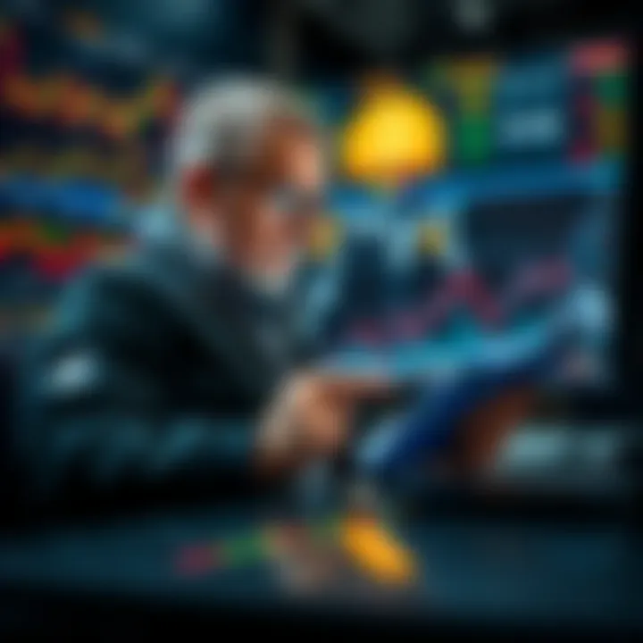 A seasoned trader reviews Bitcoin's evolution over ten years, surrounded by charts and graphs showing market changes.