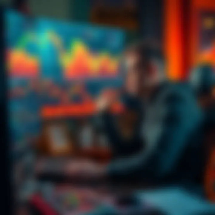 An investor sits at a desk looking at a computer screen showing declining Bitcoin charts, with a worried expression.