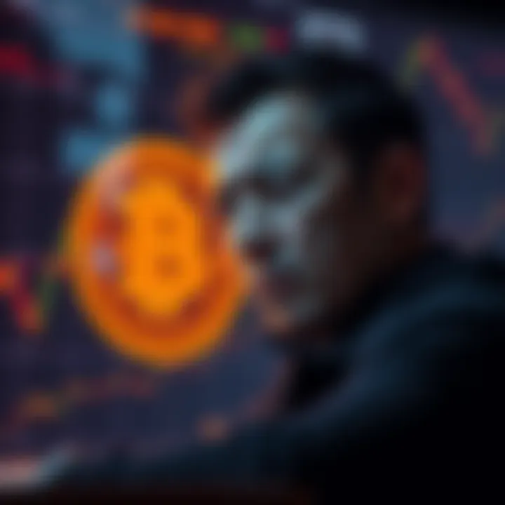 A person looking at a Bitcoin chart with a sad expression, reflecting on missed selling opportunities, surrounded by graphs and charts