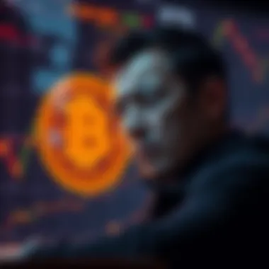 Bitcoin Trading Regret A person looking at a Bitcoin chart with a sad expression, reflecting on missed selling opportunities, surrounded by graphs and charts