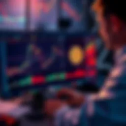 A trader analyzing Bitcoin price charts with charts showing potential losses and leverage risks on a computer screen.