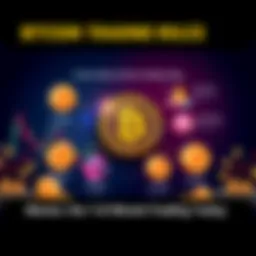 A graphic showing seven key rules for trading Bitcoin, with illustrations of charts, coins, and trading concepts.