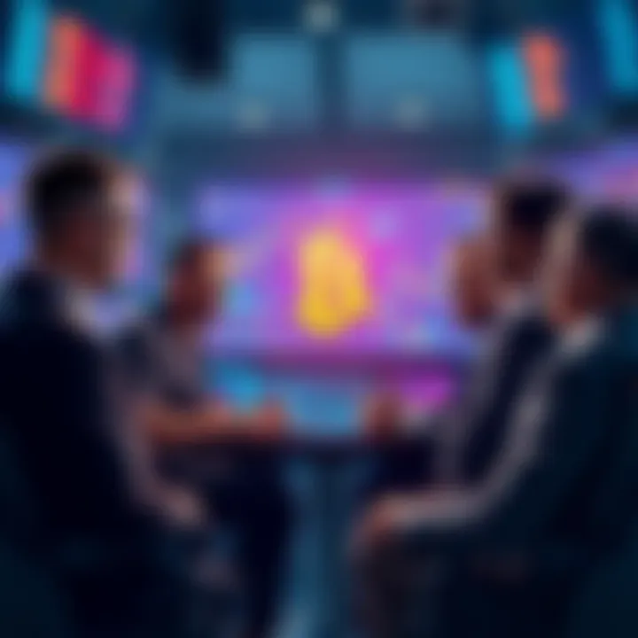 Bitcoin Trading Strategies A group of traders discussing Bitcoin price predictions and strategies, with charts and graphs on a screen
