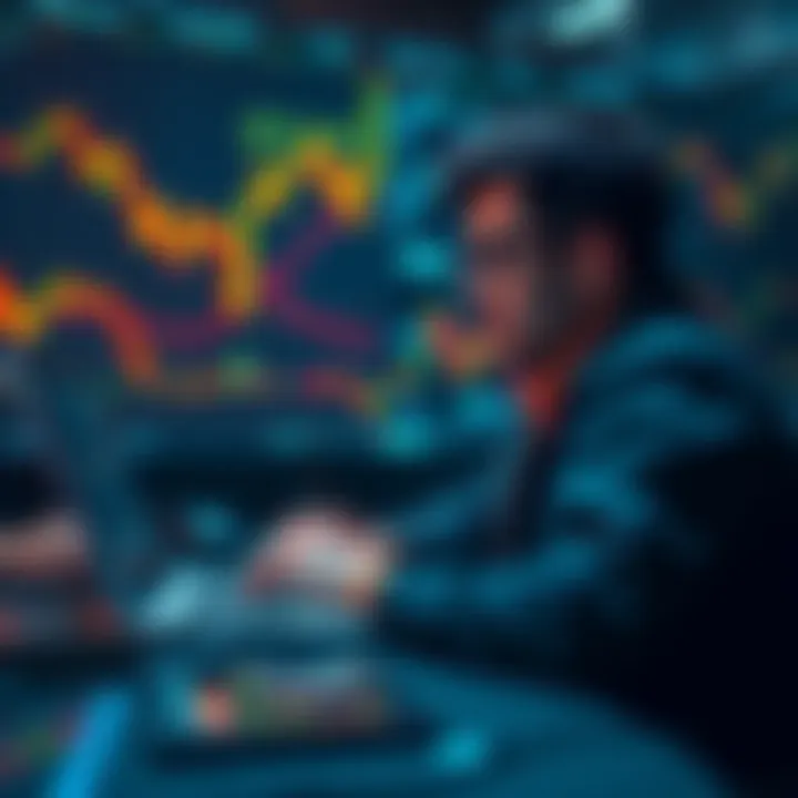 A trader analyzing Bitcoin price charts on a laptop, contemplating buying during a market dip, with graphs showing fluctuations in the background.