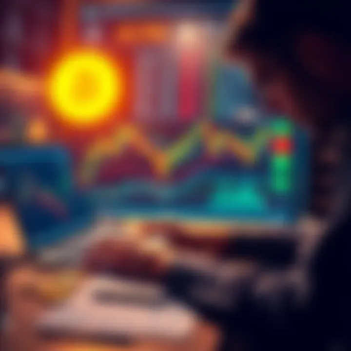 A person analyzing Bitcoin price charts with a laptop and graphs on the table, focusing on buy and sell points