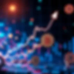 An upward trend chart showing Bitcoin's recent trading surge with digital currency icons in the background.