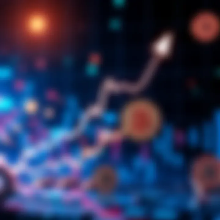 An upward trend chart showing Bitcoin's recent trading surge with digital currency icons in the background.