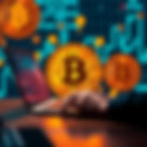 A person using a laptop to trade Bitcoin anonymously without KYC verification, with Bitcoin symbols in the background.