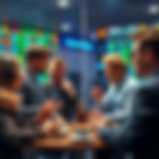 A group of traders discussing Bitcoin trading strategies while enjoying tea and coffee alternatives, highlighting a stimulant-free approach.