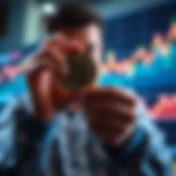 A person holding Bitcoin coins and looking at a graph showing fluctuating values, representing the sale of Bitcoin and its impact on living expenses.