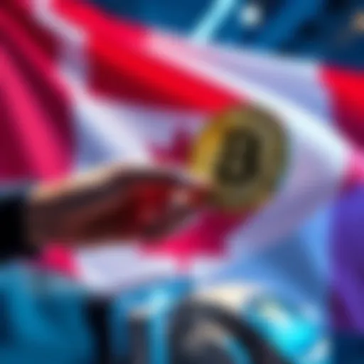 A person using Bitcoin to purchase goods in Canada, with a Canadian flag in the background