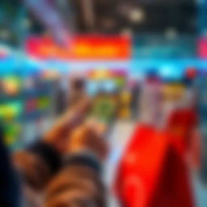 A person making a purchase using Bitcoin on a mobile device at a store, showing a digital wallet app, with shopping bags nearby.