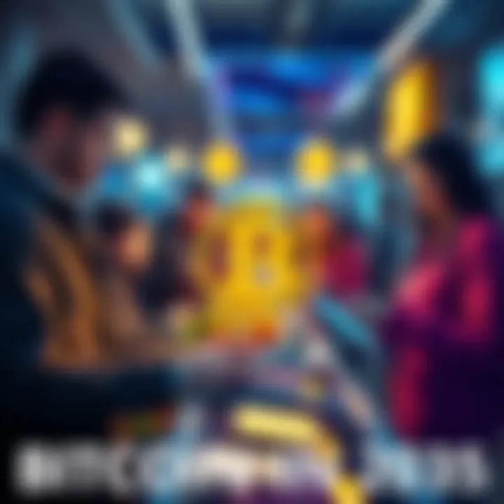 Bitcoin Transactions in 2035 A futuristic scene showing people using Bitcoin for everyday purchases, including a family paying for groceries and someone settling property taxes online, with digital wallets in view.
