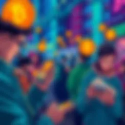 Illustration of people making transactions with Bitcoin on their smartphones, showing an increase in usage and cash flow.