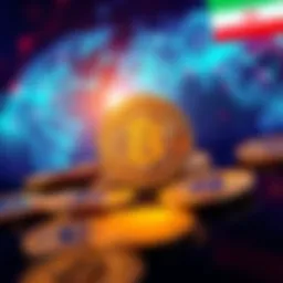 A digital representation of Bitcoin symbols with a background hinting at global financial transactions, highlighting the link to Iran's exchange activities.