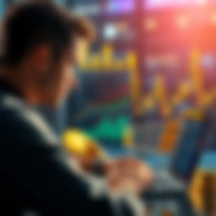 A person considering making a purchase with Bitcoin and Transcash, looking at a laptop with financial icons and a shopping cart.