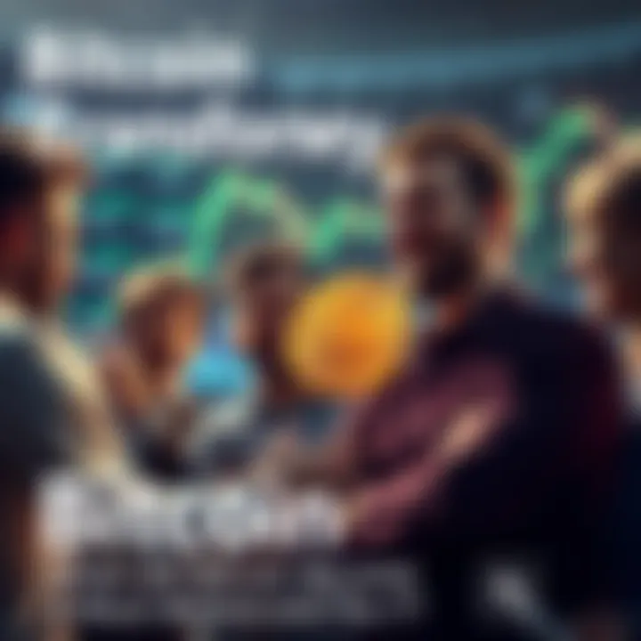 A group of people discussing Bitcoin, showing excitement and belief in its value, with charts and graphs in the background.