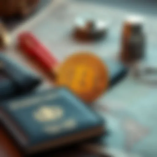 Bitcoin symbol next to a passport, wallet, and travel items