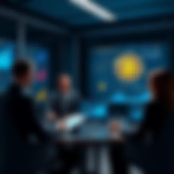 A group of business professionals discussing Bitcoin investments in a modern office setting, with charts and graphs shown on screens, highlighting cryptocurrency trends.