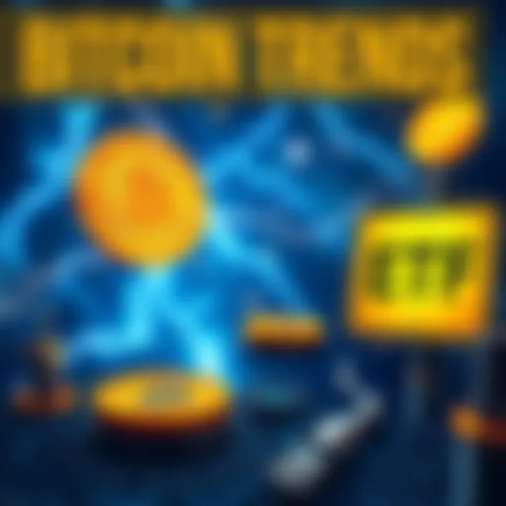 A graphic showing key Bitcoin themes for 2025 including Lightning technology symbol, mining tools, Michael Saylor speaking, and an ETF sign