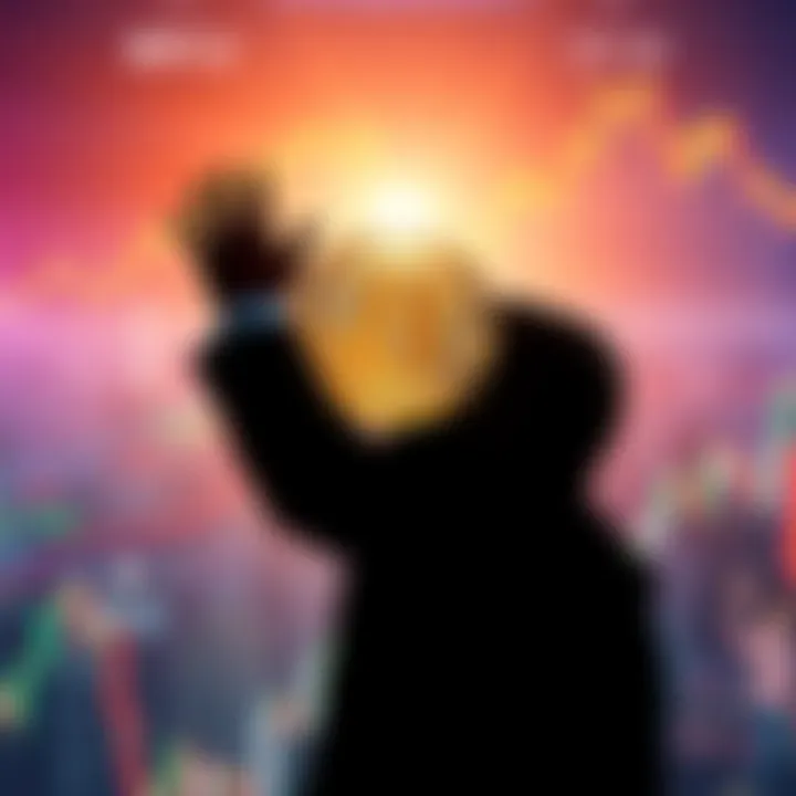 Bitcoin logo alongside a graphic of stocks rising, with a silhouette of President Trump in the background