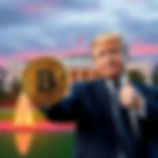 A Bitcoin symbol with a background of the White House and President Trump giving a thumbs up, representing his support for cryptocurrency.