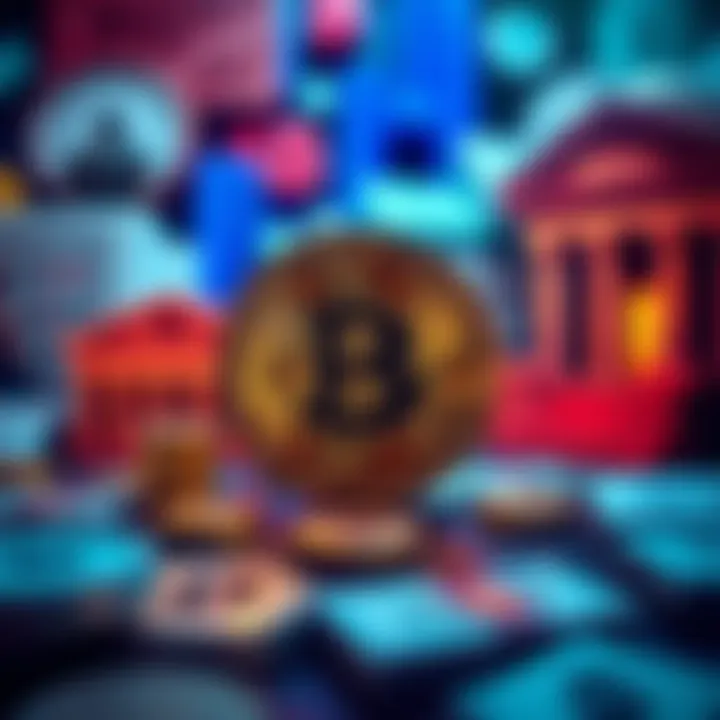 A Bitcoin symbol stands prominently in front of images representing traditional finance like banks and money, highlighting the contrast between the two systems.