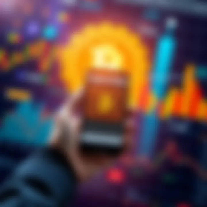 A person holding a smartphone displaying a Bitcoin wallet, surrounded by financial charts and symbols, symbolizing trust in Bitcoin within the financial community.