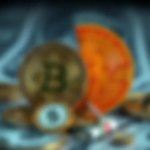 A visual comparison of Bitcoin and US dollar symbols, showing the tension between cryptocurrency and traditional currency.