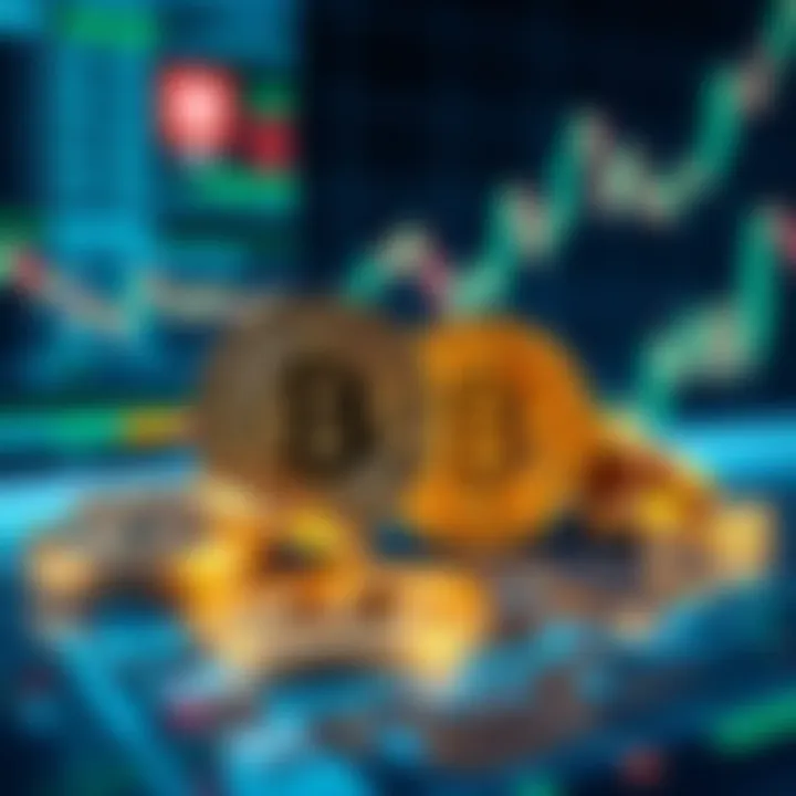 A visual of Bitcoin coins and USDT tokens with a digital exchange platform in the background, indicating the process of trading cryptocurrencies.