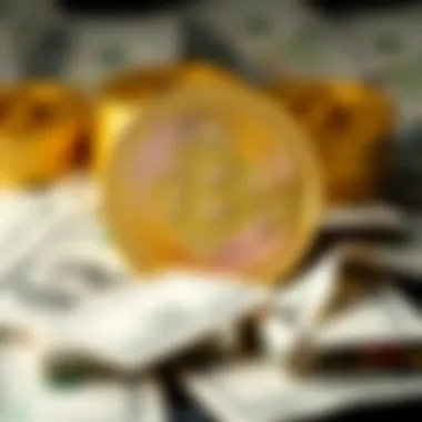 A shiny gold Bitcoin coin resting on a pile of paper money, symbolizing the debate about Bitcoin's value.